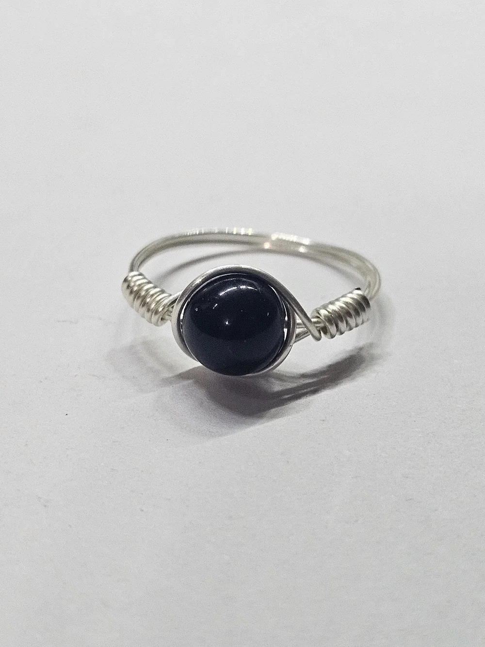 Handmade Silver Wire Wrap Ring with Black Obsidan Stone Bead